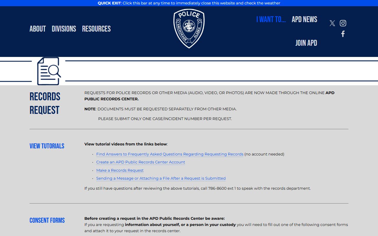 Anchorage Police Department APD Public Records Request portal for Anchorage felony and arrest records