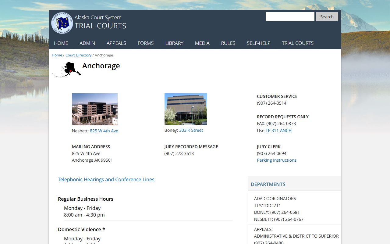 Anchorage Trial Courts directory showing court listings for Eagle River felony records