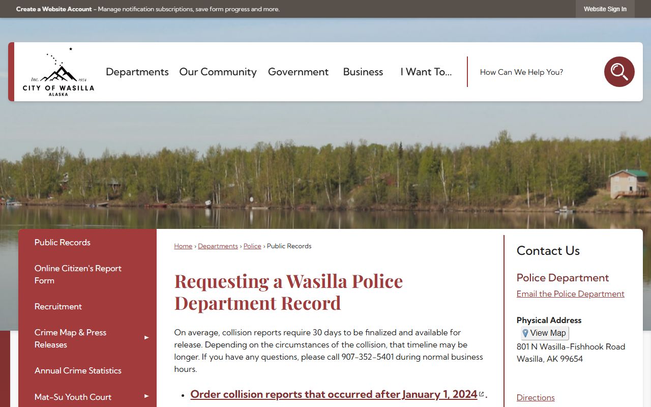 Wasilla Police Department Public Records portal for requesting criminal and felony case records near Knik-Fairview