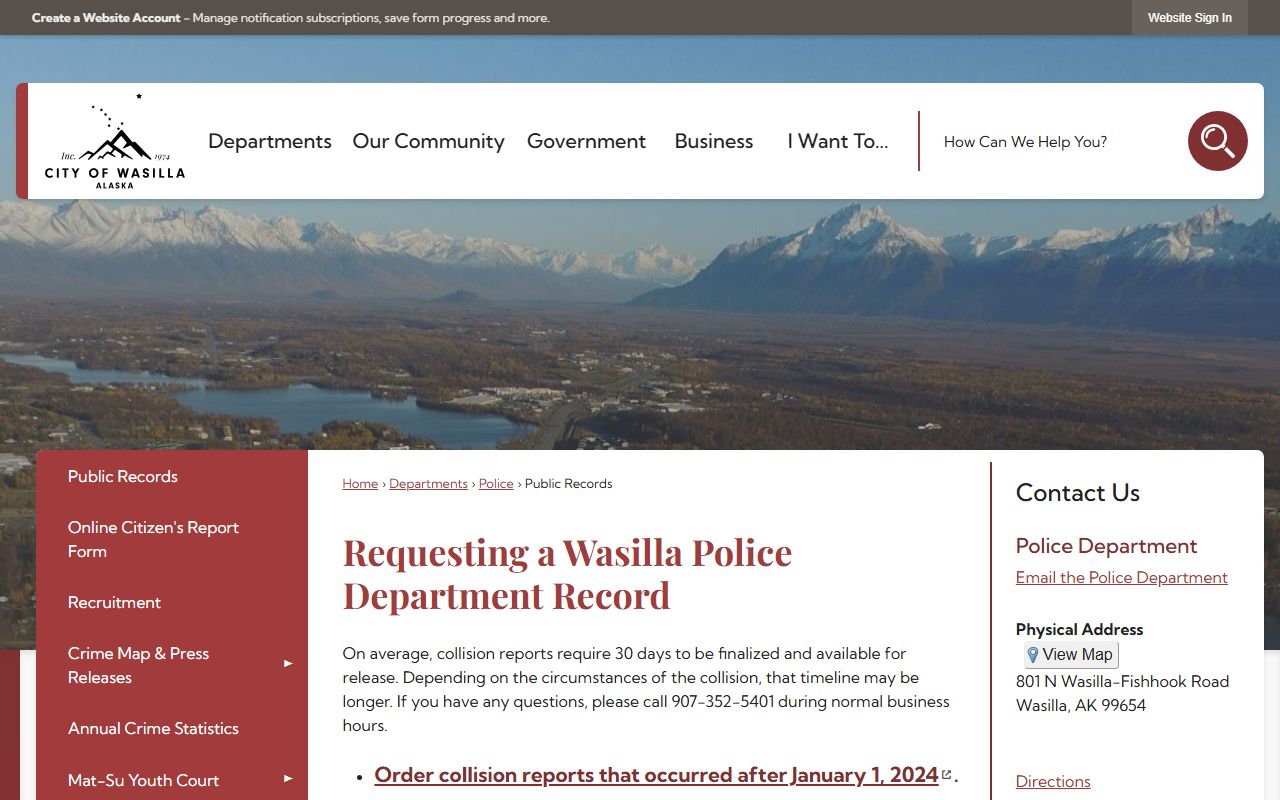 Wasilla Police Department public records request page for Meadow Lakes area felony and criminal case reports