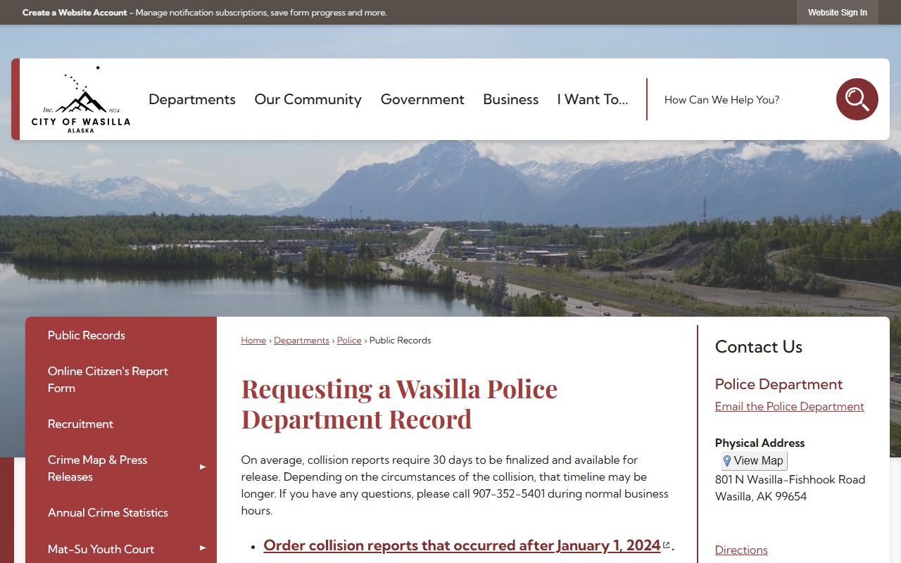 Wasilla Police Department public records request page for Tanaina area felony case reports