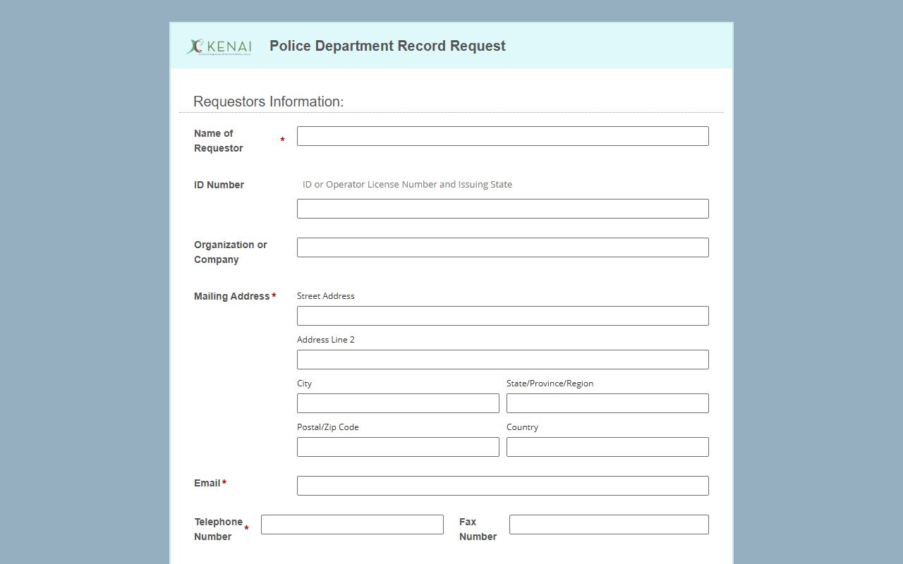 Kenai Police Department records request form for Kenai Peninsula Borough felony records