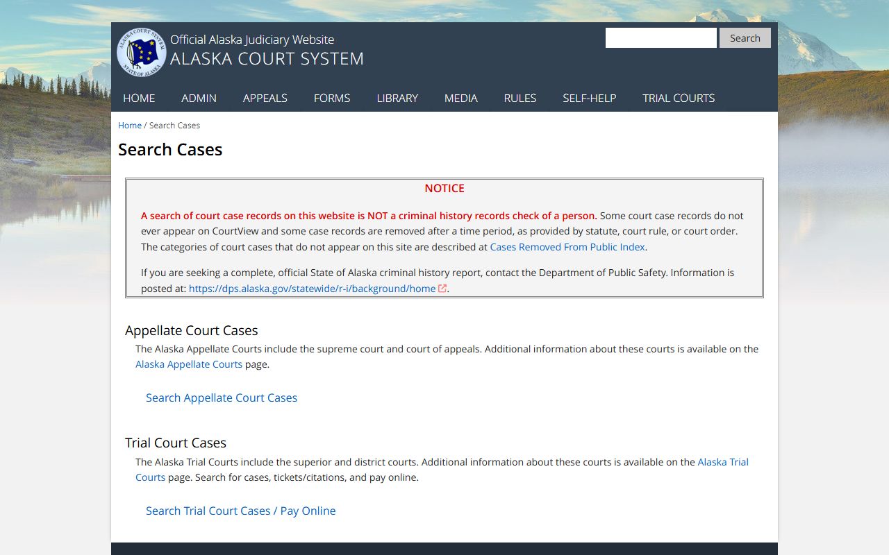 Alaska Court System search cases portal for felony records