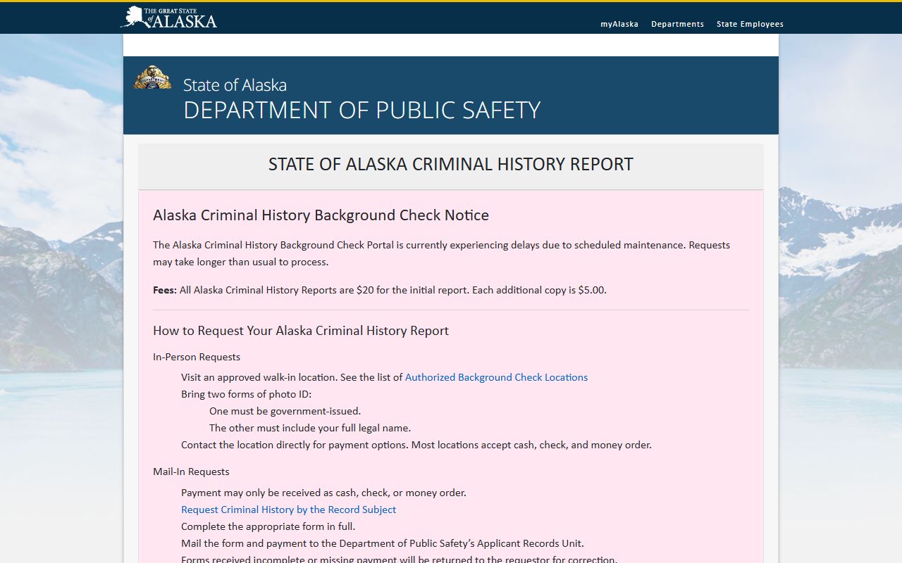 Alaska DPS online background check portal for criminal history records